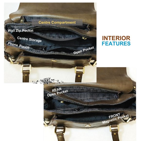 HUGO BOSS Dark Brown Genuine Leather Satchel Handbag Carry Flap Top Dual Handles - Picture 9 of 12